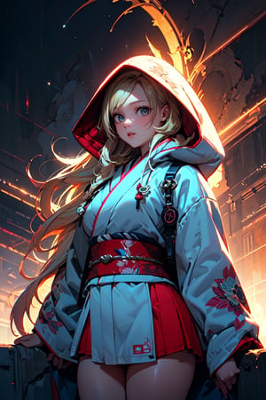 A girl with long blonde hair, fur hooded kimono, red hooded kimono, miniskirt, night streets. (Cinematic lighting, ethereal light, intricate details, extremely detailed, incredible details, full colored), complex details, hyper maximalist, masterpiece, best quality, HDR, UHD, unreal engine. head to thigh,