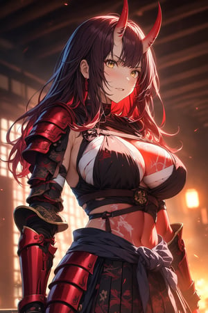 score_9, score_8_up, score_7_up, score_6_up, score_5_up, score_4_up,source_anime,
(8K, Masterpiece, Best Quality), hires, official_art, wallpaper, 1girl, ((samurai armor)), ((oni girl)), (((red skin))), ((yellow eyes)), dark scene, dynamic lighting, sexy pose, sadistic, ((bandaged breast)), (large breast),nijistyle