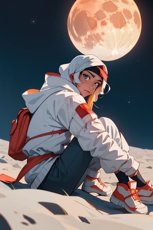 Taino indian on the moon looking at earth, sitting on the ground with his back to the viewer and earth in front of him, anime the ground is moon grey, no headdress,8k, high quality,