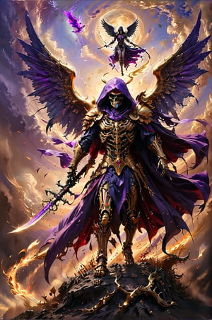 a golden angel slashes a reaper skeleton that is wearing a purple cape, theres a balance of justice behind him, the sky has red and purple colors, panoramic view, extremely high-resolution details, photographic, realism pushed to extreme, fine texture, incredibly lifelike perfect shadows, atmospheric lighting, volumetric lighting, sharp focus, focus on eyes, masterpiece, professional, award-winning, exquisite detailed, highly detailed, UHD, 64k,