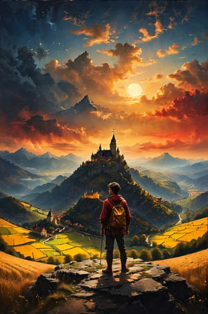 a man stand sitting in a top of a mountain, holding a yellow book, looking for a distant dark black color and obscure castle in the field, a small villlage with a central square stand in front of the castle, the sky has red and golden colors, panoramic view, extremely high-resolution details, photographic, realism pushed to extreme, fine texture, incredibly lifelike perfect shadows, atmospheric lighting, volumetric lighting, sharp focus, focus on eyes, masterpiece, professional, award-winning, exquisite detailed, highly detailed, UHD, 64k,

