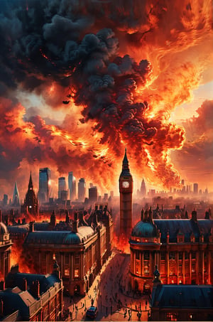 a small city with a central square stand ((London, Bogbang)) , is set in fire. The sky has red and golden colors, panoramic view, extremely high-resolution details, photographic, realism pushed to extreme, fine texture, incredibly lifelike perfect shadows, atmospheric lighting, volumetric lighting, sharp focus, focus on eyes, masterpiece, professional, award-winning, exquisite detailed, highly detailed, UHD, 64k,

