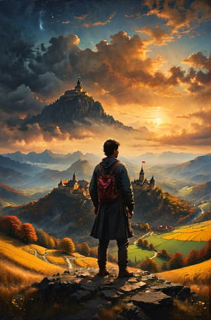 a man stand sitting in a top of a mountain, holding a yellow book, looking for a distant dark black color and obscure castle in the field, a small villlage with a central square stand in front of the castle, the sky has red and golden colors, panoramic view, extremely high-resolution details, photographic, realism pushed to extreme, fine texture, incredibly lifelike perfect shadows, atmospheric lighting, volumetric lighting, sharp focus, focus on eyes, masterpiece, professional, award-winning, exquisite detailed, highly detailed, UHD, 64k,

