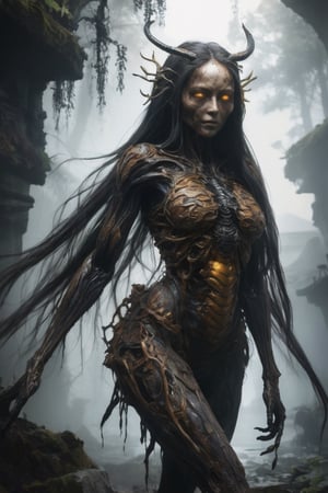 The woman japanese bee queen long hair A massive creature with rotting flesh and scultural human body that hangs in tatters from its bones, its eyes are black sockets that emit a faint, eerie glow.
,1 girl , full body