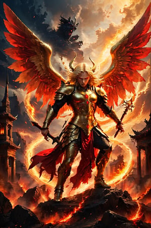 a battle of a light golden angel against a dark ancient demon, a small villlage with a central square stand , the sky has red and golden colors, panoramic view, extremely high-resolution details, photographic, realism pushed to extreme, fine texture, incredibly lifelike perfect shadows, atmospheric lighting, volumetric lighting, sharp focus, focus on eyes, masterpiece, professional, award-winning, exquisite detailed, highly detailed, UHD, 64k,

