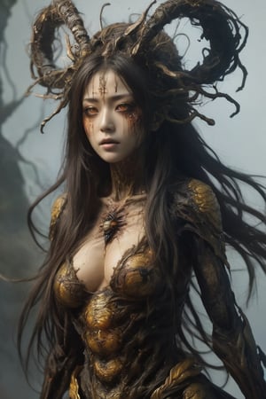 The woman japanese bee queen long hair A massive creature with rotting flesh and scultural human body that hangs in tatters from its bones, its eyes are black sockets that emit a faint, eerie glow.
,1 girl , full body