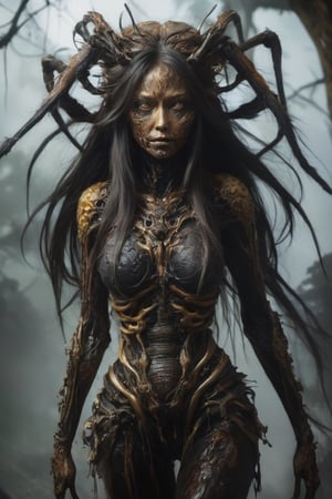 The woman japanese bee queen long hair A massive creature with rotting flesh and scultural human body that hangs in tatters from its bones, its eyes are black sockets that emit a faint, eerie glow.
,1 girl , full body