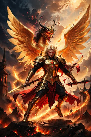 a light golden angel battle against a dark ancient demon, a small villlage with a central square stand , the sky has red and golden colors, panoramic view, extremely high-resolution details, photographic, realism pushed to extreme, fine texture, incredibly lifelike perfect shadows, atmospheric lighting, volumetric lighting, sharp focus, focus on eyes, masterpiece, professional, award-winning, exquisite detailed, highly detailed, UHD, 64k,

