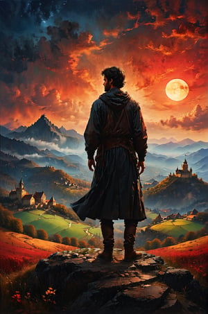 a man stand sitting in a top of a mountain, looking for a distant dark black color and obscure castle in the field, a small villlage with a central square stand in front of the castle, the sky has red and golden colors, panoramic view, extremely high-resolution details, photographic, realism pushed to extreme, fine texture, incredibly lifelike perfect shadows, atmospheric lighting, volumetric lighting, sharp focus, focus on eyes, masterpiece, professional, award-winning, exquisite detailed, highly detailed, UHD, 64k,

