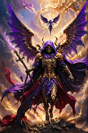 a golden angel slashes a reaper skeleton that is wearing a purple cape, the sky has red and purple colors, panoramic view, extremely high-resolution details, photographic, realism pushed to extreme, fine texture, incredibly lifelike perfect shadows, atmospheric lighting, volumetric lighting, sharp focus, focus on eyes, masterpiece, professional, award-winning, exquisite detailed, highly detailed, UHD, 64k,