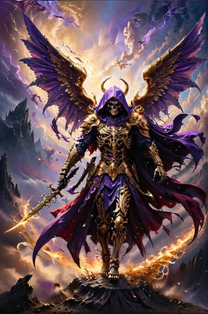 a golden angel slashes a reaper skeleton that is wearing a purple cape, theres a balance of justice behind him, the sky has red and purple colors, panoramic view, extremely high-resolution details, photographic, realism pushed to extreme, fine texture, incredibly lifelike perfect shadows, atmospheric lighting, volumetric lighting, sharp focus, focus on horizon, masterpiece, professional, award-winning, exquisite detailed, highly detailed, UHD, 64k, distant panoramic vision