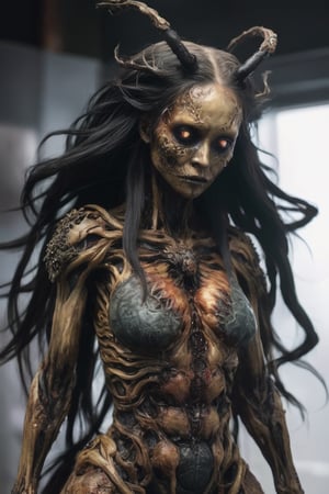 The woman japanese bee queen long hair A massive creature with rotting flesh and scultural human body that hangs in tatters from its bones, its eyes are black sockets that emit a faint, eerie glow.
,1 girl , full body