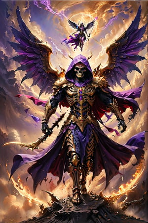 a golden angel slashes a reaper skeleton that is wearing a purple cape, theres a balance of justice behind him, the sky has red and purple colors, panoramic view, extremely high-resolution details, photographic, realism pushed to extreme, fine texture, incredibly lifelike perfect shadows, atmospheric lighting, volumetric lighting, sharp focus, focus on horizon, masterpiece, professional, award-winning, exquisite detailed, highly detailed, UHD, 64k, distant panoramic vision