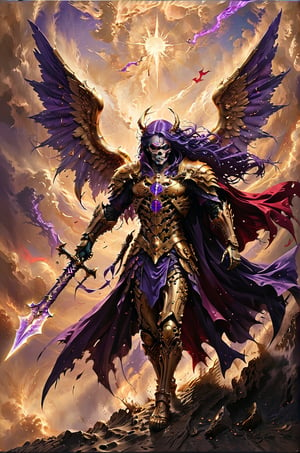 a golden angel slashes a reaper skeleton that is wearing a purple cape, theres a balance of justice behind him, the sky has red and purple colors, panoramic view, extremely high-resolution details, photographic, realism pushed to extreme, fine texture, incredibly lifelike perfect shadows, atmospheric lighting, volumetric lighting, sharp focus, focus on horizon, masterpiece, professional, award-winning, exquisite detailed, highly detailed, UHD, 64k, distant panoramic vision