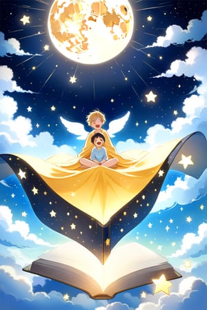 kids wear pajama ,hold blanket ,happy,sit on clouds ,at night ,fly in sky stand in a giant golden book,shine moon ,stars