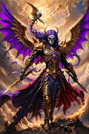 a golden angel slashes a reaper skeleton that is wearing a purple cape, the sky has red and purple colors, panoramic view, extremely high-resolution details, photographic, realism pushed to extreme, fine texture, incredibly lifelike perfect shadows, atmospheric lighting, volumetric lighting, sharp focus, focus on eyes, masterpiece, professional, award-winning, exquisite detailed, highly detailed, UHD, 64k,