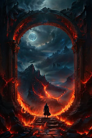 A hell with a great dark portal, extremely high-resolution details, photographic, realism pushed to extreme, fine texture, incredibly lifelike perfect shadows, atmospheric lighting, volumetric lighting, sharp focus, focus on eyes, masterpiece, professional, award-winning, exquisite detailed, highly detailed, UHD, 64k, 
panoramic distant view
