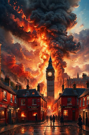 a small villlage with a central square stand ((London, Bogbang)) , is set in fire. The sky has red and golden colors, panoramic view, extremely high-resolution details, photographic, realism pushed to extreme, fine texture, incredibly lifelike perfect shadows, atmospheric lighting, volumetric lighting, sharp focus, focus on eyes, masterpiece, professional, award-winning, exquisite detailed, highly detailed, UHD, 64k,

