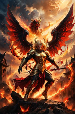 a light golden angel attacking with fury a dark ancient demon, a small villlage with a central square stand , the sky has red and golden colors, panoramic view, extremely high-resolution details, photographic, realism pushed to extreme, fine texture, incredibly lifelike perfect shadows, atmospheric lighting, volumetric lighting, sharp focus, focus on eyes, masterpiece, professional, award-winning, exquisite detailed, highly detailed, UHD, 64k,

