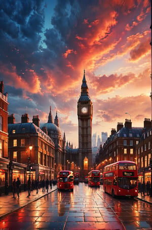 a small city with a central square stand ((London, Bogbang)). The sky has red and golden colors, panoramic view, extremely high-resolution details, photographic, realism pushed to extreme, fine texture, incredibly lifelike perfect shadows, atmospheric lighting, volumetric lighting, sharp focus, focus on eyes, masterpiece, professional, award-winning, exquisite detailed, highly detailed, UHD, 64k,

