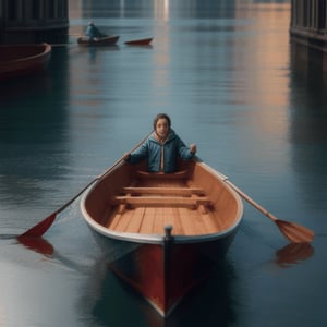 Ultra-high resolution, cinematic lighting,fisher Woman wearing yellow raincoat, rowing small boat with oar, in the city of new york