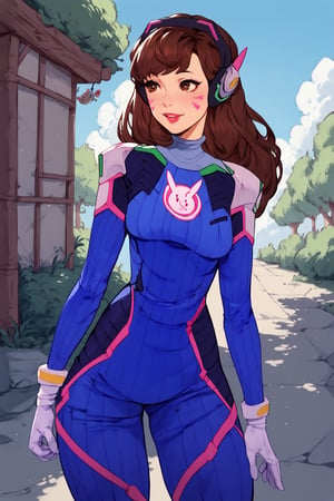 score_9, score_8_up, score_8, @kamii_momoru, kamii_momoru \(artist\), kamii \(artist\), ssource_anime, flat colors,  highres, aahana, long hair, brown hair, headphones, whisker markings, shoulder pads, blue bodysuit, ribbed bodysuit, animal print, clothes writing, long sleeves, white gloves, cowboy shot, standing, outdoors,