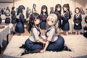 masterpiece, 1girl,multiple (4+girls:2.0),(from abobe:1.5),top angle view,from side,looking at viewer,japanese highschool girl,dark blue sailor suit,dark blue pleated skirt,sitting on the bed,