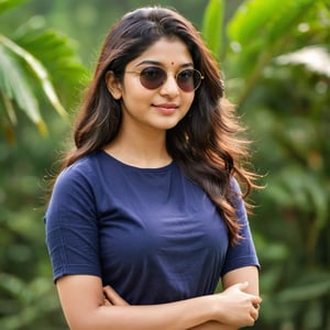 1 bengali beautiful female, solo, face features like indian actress Sai Pallavi, indian_attire, wearing a plain navy blue Round Neck Pure Cotton Oversized Normal T-shirt, detailed half sleeves t-shirt fabric, sunglass, hair, colour hair, dslr photography, front facing body, full standing body, natural bokeh background, softer lens filter, full of love and romantic atmosphere, p3rfect boobs, cutegirlmix, big boobs