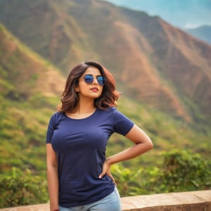 1 indian sexy female, solo, indian_attire, wearing a plain navy blue Round Neck Pure Cotton oversized T-shirt, detailed t-shirt fabric, sunglass, hair, colour hair, dslr photography, posing like Instagram model, montain bokeh background, full standing body, cleavage, p3rfect boobs,cutegirlmix