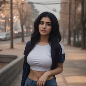 indian 25 year beautiful sexy girl, looks like [Vyjayanthimala],  wearing a (navy blue) Round Neck Pure Cotton oversized T-shirt, detailed t-shirt fabric, realistic body skin, brown eye, white teeth, (RAW photo, best quality), (realistic, photo-Realistic:1.3), best quality, masterpiece, beautiful and aesthetic, 16K, (HDR:1.4), cinematic lighting, ambient lighting, side lighting, Exquisite details and textures, cinematic shot, Warm tone, full body,  DSLR photography, posing like Instagram model, front facing body, kolkata street bokeh background, softer lens filter, full of love and romantic atmosphere, full standing body, p3rfect boobs, underboob,