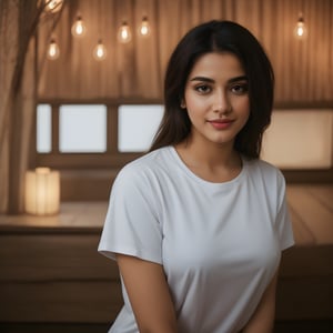 indian 25 year beautiful sexy girl, looks like [Vyjayanthimala],  wearing a navy blue Round Neck Pure Cotton oversized T-shirt, detailed t-shirt fabric, realistic body skin, brown eye, white teeth, (RAW photo, best quality), (realistic, photo-Realistic:1.3), best quality, masterpiece, beautiful and aesthetic, 16K, (HDR:1.4), cinematic lighting, ambient lighting, side lighting, Exquisite details and textures, cinematic shot, Warm tone, full body,  DSLR photography, posing like Instagram model, front facing body, kolkata bokeh background, softer lens filter, full of love and romantic atmosphere, full standing body, p3rfect boobs, underboob,