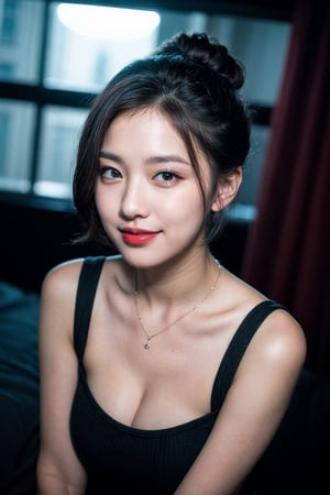 (Best quality, 8k, 32k, Masterpiece, real life, photorealistic, UHD:1.2),lifelike rendering, Photo of Pretty Korean woman, 1girl, solo, 30yo, (medium dark brown updo), double eyelids, black eyes, glossy plump lips, lipstick, daily makeup, natural medium-large breasts, cleavage, wide hips, long-legged, model like female body, soft curves, (pale skin:1.3), necklace, white knits dress, (midnight, nighttime, dark theme:1.4), luxurious hotel room, huge white room, sexy face, sexy eyes, smile, looking at camera, closeup, medium short hair, best quality,