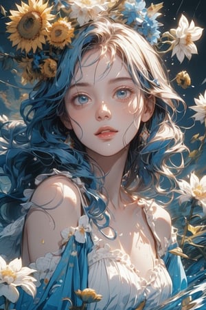 1girl, most beautiful korean girl, Korean beauty model, stunningly beautiful girl, gorgeous girl, 20yo, over sized eyes, big eyes, smiling, looking at viewer, ((Cowboy Shot: 1.5)), very beautiful, correct anatomy, long transparent white/blue hair, blue eyes, liquid, wet, water, open ribs, bones, ((white flowers grow inside her body))), skeleton flowers, blue color pallete aesthetic lighting, lot of details, narue ,1 girl