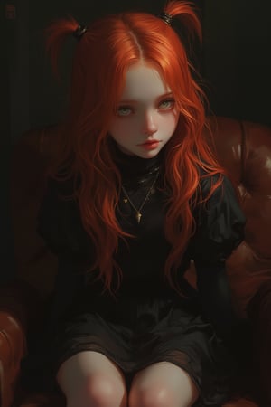 masterpiece, highly detailed full body image of ayoung girl with light gray eyes, Light orange long hair, punk hairstyle, sweet and shy expression,cozy lighting, very dark background, wearing a black mini dress, sitting in a leather chair, unusual composition, use of negative space, spectral, close-up, detailed eyes, detailed mouth,LegendDarkFantasy