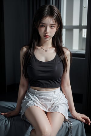 (Best quality, 8k, 32k, Masterpiece, photorealistic, high contrast, UHD:1.2),lifelike rendering, Photo of Pretty Korean woman, 1woman, solo, 30yo, stunning, (medium-short dark brown hair), double eyelids, highly detailed glossy eyes, glossy plump lips, lipstick, daily makeup, detailed facial features, natural medium-large breasts, wide hips, long-legged, balanced female body, soft curves, (pale skin:1.3), detailed real skin texture, necklace, white cotton vest, mutli-layered skirt, pumps heels, (midnight, night, dark theme:1.4), luxury hotel room, huge white room, sexy face, sexy eyes, smile, from front top, photon mapping, ray tracing, (beautiful legs), detailed hair, detailed fabric rendering