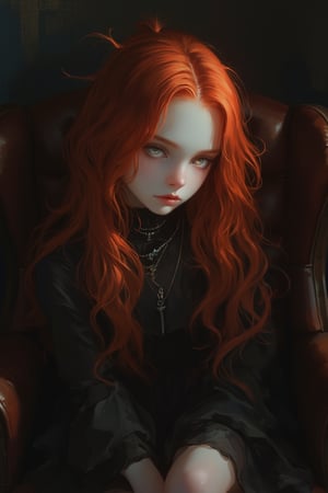 masterpiece, highly detailed full body image of ayoung girl with light gray eyes, Light orange long hair, punk hairstyle, sweet and shy expression,cozy lighting, very dark background, wearing a black mini dress, sitting in a leather chair, unusual composition, use of negative space, spectral, close-up, detailed eyes, detailed mouth,LegendDarkFantasy