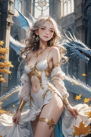 white dragon,dragonoid girl,(masterpiece, best quality, highres, anime style:1.5), (natural skin texture, sharp:1.2),chest raised, ((in the holy cathedral)),trees with golden leaves in the background,a group of dragons flying behind her, wearing shabby sexy clothes. （ruined church） ///brown eyes, glowing eyes, blond hair, long hair, hair between eyes, hair ornament, thigh strap, saggy breast, deep neckline, dress, bare_shoulders,white_dress,(wet clothes), earrings, fine gold necklaces, fine gold anklet, bare shoulders, bare belly, bare legs, deep of field, rain drop, neon, seductive smile, looking at viewer, light refraction, cinematic shot, frozen skin, masterpiece, best quality, detailmaster2, 8k, 8k UHD, ultra detailed, ultra-high resolution, ultra-high definition, highres,