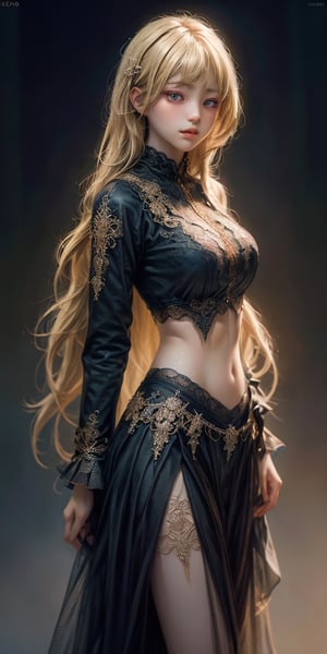 (Masterpiece, Best Quality, Photorealistic, High Resolution, 8K Raw), Smile, Looking At Viewer, Upper Body, Light, 1 Girl, Solo, Beautiful Young Girl, 18 Years Old, Long Hair, (Blonde Hair, Bangs:1.3), Big Breasts, red lips, long eyelashes, glitter, thin waist, slim figure, super sharp and detailed eyes, elegant sexy, alluring, blurred light background, mesmerizing and visually stunning fractal artwork created by famous artists showcasing extremely intricate details, dreamy and vibrant colors. the quality of formal art has a strong aesthetic appeal. HD rendering, beautiful legs, hot body, crop shirt underboob 