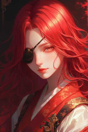 perfect eyes:1.2, detailed eyes:1.4, long hair, red hair, sexy, 1girl, samurai clothes, white inner, eyepatch, Ultra-realistic 8K CG, ((ultra-detailed background, delicate pattern, intricate details)), best quality, intricate details, 1girl, solo, (masterpiece:1.6, best quality), (masterpiece, best quality:1.2), 8k, insane details, intricate details, hyperdetailed, hyper quality, high detail, ultra detailed, professional, HDR, realistic, ray tracing reflection, cinematic lighting, ornate,Anime Style,Midjourney_Whisper