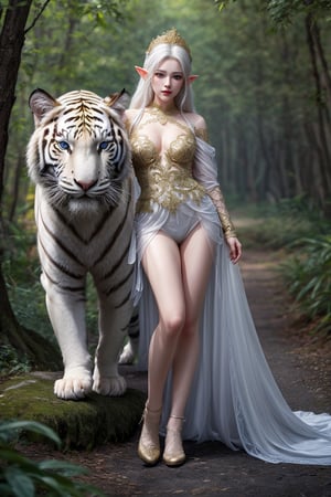  female,elf, queen, white hair, blue eyes, embraced, sexy,white clothes, delicate gold filigree, The white tiger is hearby her,intricate detailed, glowing, jin kagetsu, and wlop, highly detailed, intricate filigree, chrome face symmetry, masterpiece, award - winning, sharp focus, concept art, high key, ambient lighting, 8 k, octane render,full body shot, in forest,1 girl,meidef, looking_at_viewer ,YAMATO