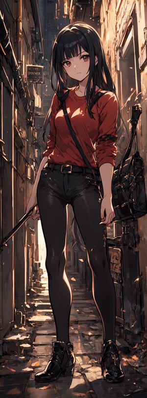 Anime style, female warrior, black hair, red shirt, dark alley, night, anime lines ,midjourney,1 girl