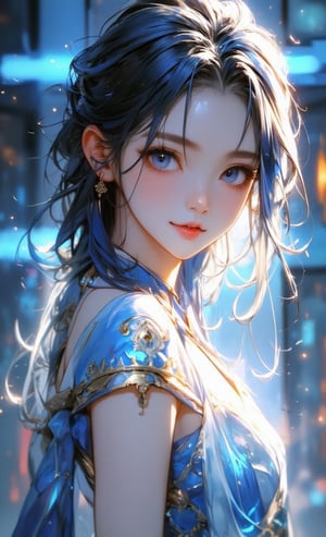 1girl, most beautiful korean girl, Korean beauty model, stunningly beautiful girl, gorgeous girl, 20yo, over sized eyes, big eyes, smiling, looking at viewer, ((Cowboy Shot: 1.5)), very beautiful, long transparent white/blue hair, blue eyes, liquid, wet, water, blue color pallete aesthetic lighting, lot of details, narue ,1 girl,misty, holographic, ,light painting, futuristic digital, realistic sci-fi, lights, gold filigree, silver lashes, diamond, ethereal, misty, holographic