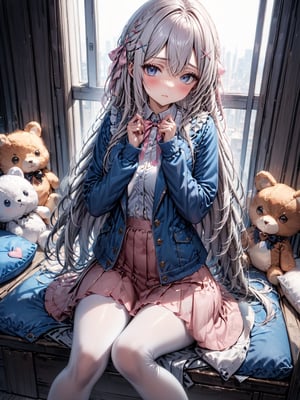 Masterpiece. UHD, 8K, 1 woman, solo, long hair, looking at viewer, blushing, bangs, blue eyes, skirt, shirt, hair accessory, long sleeves, ribbon, hair between eyes, sitting, very long hair, mouth closed, jacket, hair ribbon, white hair, heart, pantyhose, ruffles, indoors, star \(symbol\), sleeves longer than wrists, pillow, hands up, feet out of frame, stuffed animal, stuffed animal, x hair accessory, pink ribbon, blue jacket, pink skirt, white pantyhose,acryli painting
负向提示