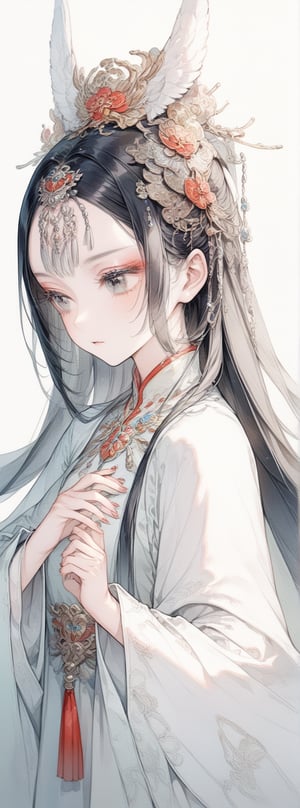 ,(\hua dan\),1girl, solo, black hair, long hair, upper body, long sleeves, simple background, closed mouth, wide sleeves, brown eyes, nail polish, grey eyes, looking away, eyelashes