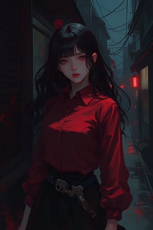 Female warrior, black hair, red shirt, dark alley, night, anime lines, sword hanging at waist, night city, street lights