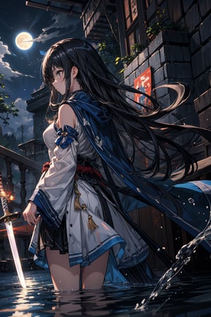 The dark night is azure, with a small amount of smoke, and the water reflects the moonlight. A Taiwanese woman stood on the water and waved a sword, with an arc-shaped energy trajectory surrounding the sword. Cold and glamorous, exposed shoulders, natural big breasts, soaked long hair, white soaked deep-V sheer thin clothes, with a huge blue moon in the background, the style is a live-action movie photo.,swordup