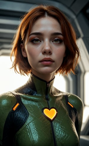 score_9, score_8_up, score_7_up, score_6_up, score_5_up, score_4_up score_9,score_8_up, 3D rendering, female character, digital art, photorealistic,scaled green body suit, heart shaped cutout, orange short bobbed hair,long eyelashes, subtle makeup, light skin, high-resolution image, soft lighting, dramatic lighting, spaceship background, science fiction, chiaroscuro, score_4_up