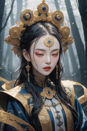 Masterpiece, 4K, ultra detailed, anime style, frightening female Jiangshi with flawless goth makeup, paper talisman on forehead and glossy lips, eyes closed, golden earring, wavy long hair, dark silk robe with very long sleeves, in a misty dark forest, depth of field, SFW, more detail XL,