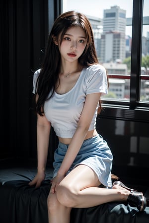 (Best quality, 8k, 32k, Masterpiece, photorealistic, high contrast, UHD:1.2),lifelike rendering, Photo of Pretty Korean woman, 1woman, solo, 30yo, stunning, (medium-short dark brown hair), double eyelids, highly detailed glossy eyes, glossy plump lips, lipstick, daily makeup, detailed facial features, natural medium-large breasts, wide hips, long-legged, balanced female body, soft curves, (pale skin:1.3), detailed real skin texture, necklace, white cotton vest, mutli-layered skirt, pumps heels, (midnight, night, dark theme:1.4), luxury hotel room, huge white room, sexy face, sexy eyes, smile, from front top, photon mapping, ray tracing, (beautiful legs), detailed hair, detailed fabric rendering