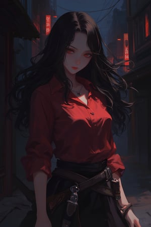 Female warrior, black hair, red shirt, dark alley, night, anime lines, sword hanging at waist, night city, street lights